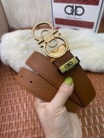 1:1 Ferragamo  Chocolate&Black Leather Belt  with Gold Double Logo buckle  3.5cm